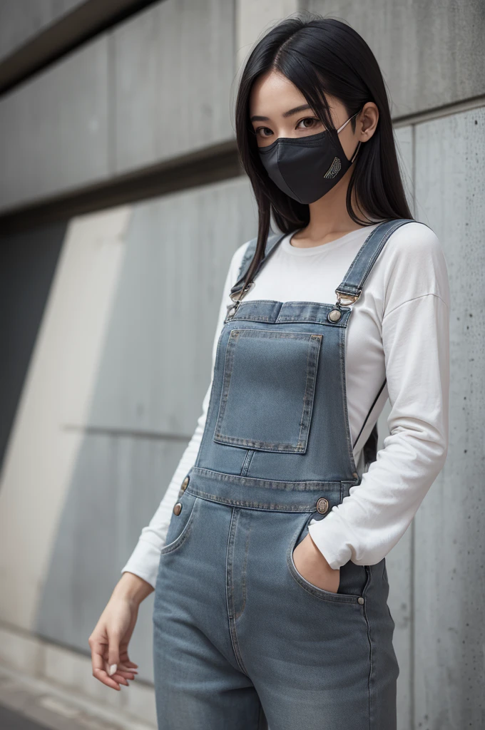 an assassin wearing gray denim overalls and a neutral mask