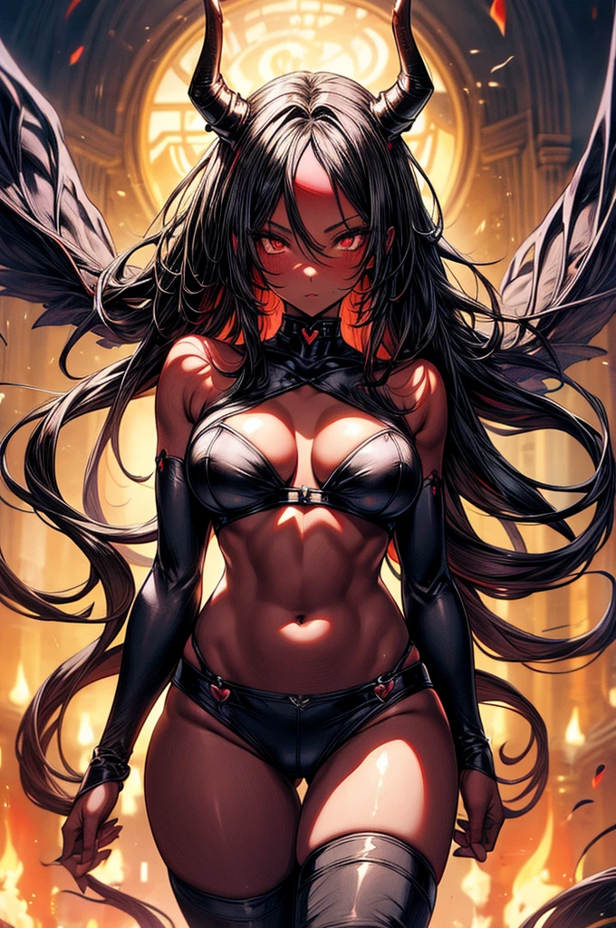 masterpiece, super detailed, high resolution, precision art, highly seductive anime girl. sexy and alluring, flawless dark red demonic skin, succubus, symmetrical face, beautiful olive eyes, flowing black hair, her very presence oozes seduction and allure, S-shaped body, black onyx colored horns jutting out her forehead, heart shaped tail protruding from her back, sexy and arousing slender and thin yet chiseled with enticing breasts, intricate and beautiful heart shaped tattoo engraved on her stomach, wearing spaghetti strap crop-top and form-fitting leggings that accentuate her round ass, hip-level shot