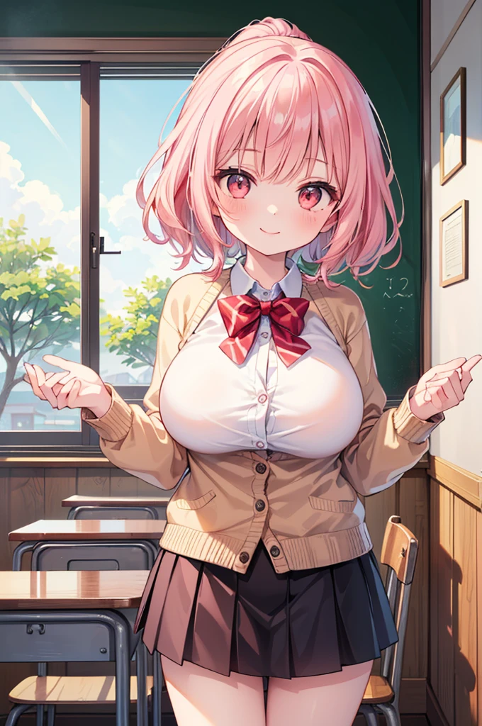 Fantasy,((Masterpiece)),((high resolution)),((Best Quality)),Anime illustration,(((1girl))),,(wavy hair),(short hair),(pale pink hair color),small ponytail,Red eyes,(Big round eyes),((tareme)),************,((**** face)),((very big breasts)),Short stature,Young,,,cardigan,mini skirt,smile,Ladylike,classroom,