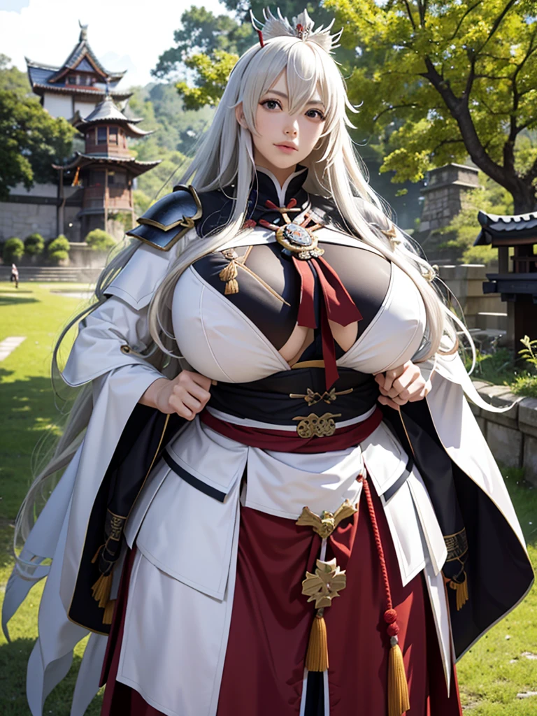 jeanne, nobunaga, (samurai white armor:1.2), crown, cloak, naked breasts, fluttering hair, long wavy hair, long curl hair, huge tit, thick thighs, huge hip, abdominal muscle, upper body from below, standing, spread legs, hands on hip, moss of abandoned castle, gentle smile