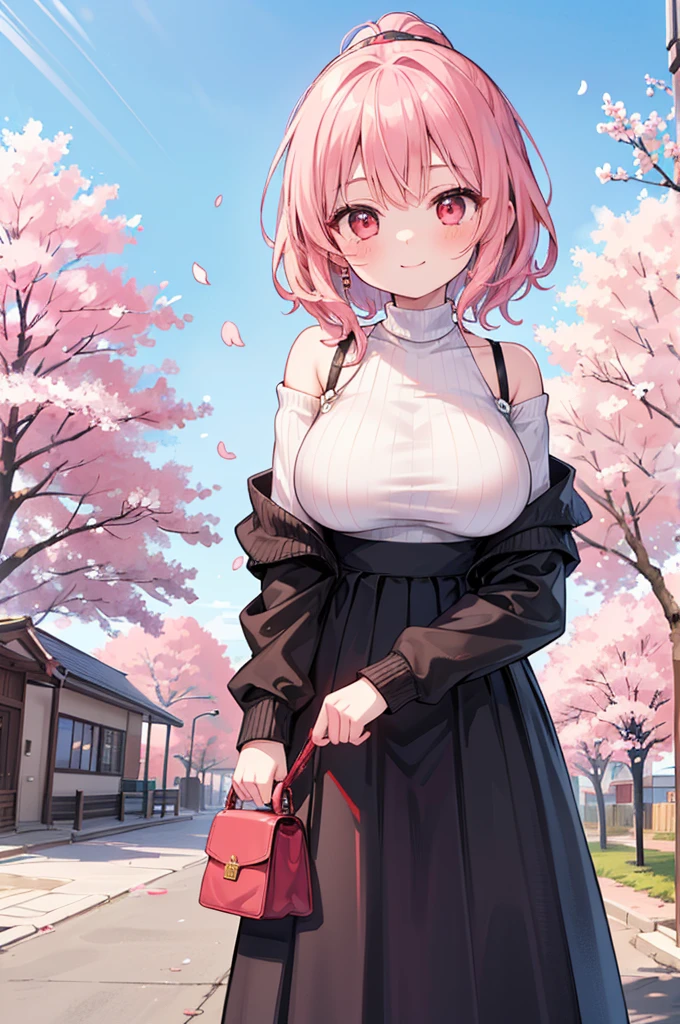 ((Masterpiece)),((high resolution)),((Best Quality)),Anime illustration,(((1girl))),,(wavy hair),(short hair),(pale pink hair color),small ponytail,Red eyes,(Big round eyes),((tareme)),15 years old,((loli face)),((very big breasts)),Short stature,,Off-the-shoulder sweater,(long maxi skirt),smile,Ladylike,cherry blossoms,