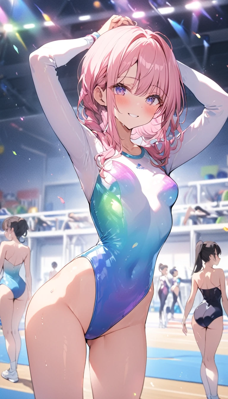 highquality illustration, masterpiece, very delicate and beautiful, attractive girl,(gymnastics leotard,long sleeve leotard with glittery decoration,high_leg leotard,athletic leotard,tight-fit leotard,iridescent gradient leotard,long-sleeve leotard),thin,slender body,slim,high school,gymnasium background,gymnastics club,gymnastics athlete,princess, beautiful eyes,light smile,(masterpiece, best quality:1.2), highres, extremely detailed CG unity 8k wallpaper, perfect lighting, Colourful, ultra-high res,4K,ultra-detailed, photography, 8K, HDR, 17 ages,cowboy shot,