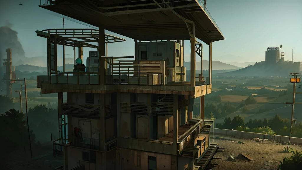 scene of a small human community in a post-apocalyptic world. Constructions must be a mix of futuristic technologies and primitive tools. Show people wearing rustic costumes and working on everyday activities, like agriculture, forge and hunting. Include details like levitating trains and stone and bone utensils.