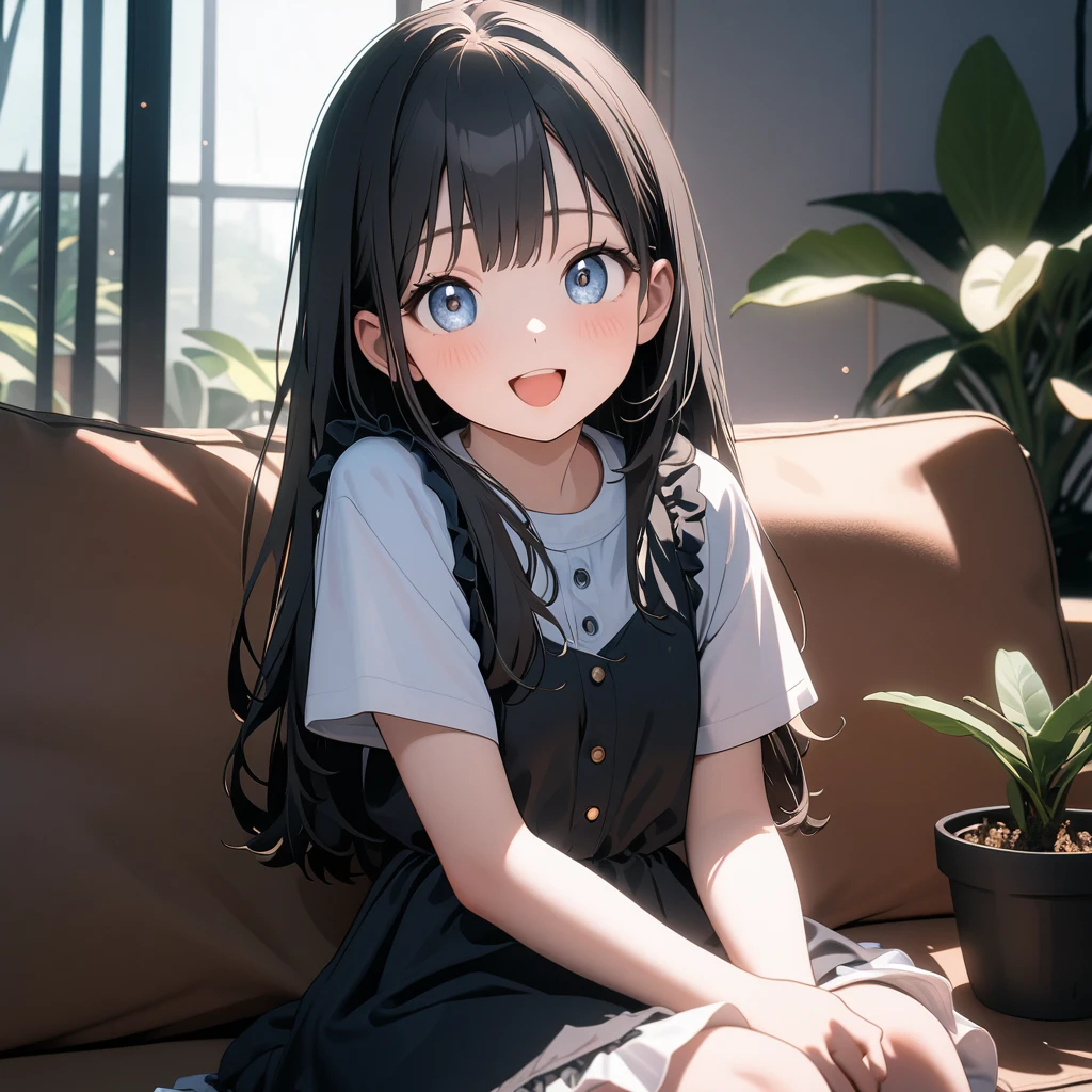 (8K, best quality, master piece: 1.2),super high resolution,1 girl,solo,16yo,,ultra-detailed face,detailed eyes,black hair,long hair,straight hair,Short sleeve layered dress,happy,(cute flying squirrelis),1 flowerpot of Dracaena,rim light,The girl is sitting on the sofa,conservatory