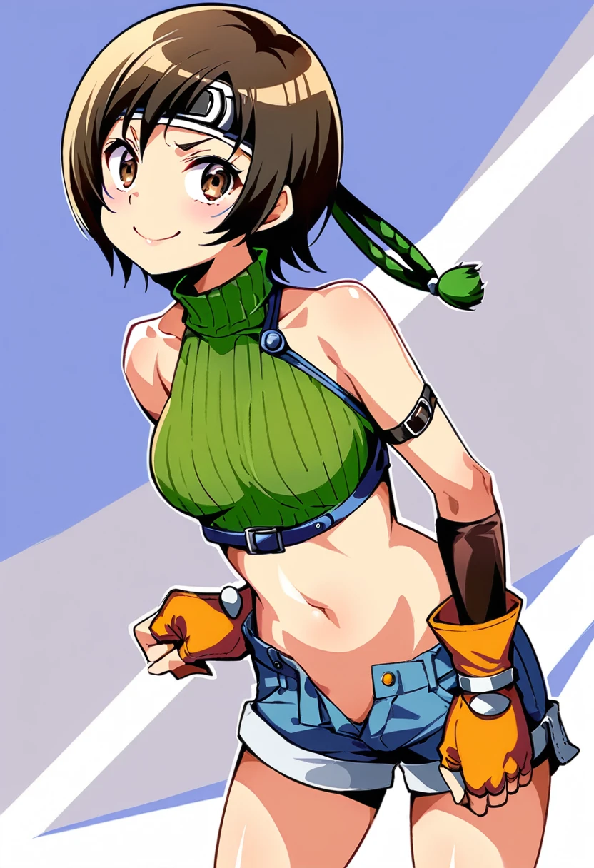 score_9, score_8_up, score_7_up,,BREAK , dynamicangle.,mediumshot,(Standing pose),soro focus,1girl, yuffie kisaragi, final fantasy, short hair,headband,navel,sleeveless,turtleneck,brown eyes,sleeveless turtleneck,solo,breasts,looking at viewer,smile,gloves,crop top,brown hair,shorts,midriff,,sweater,open fly,armor,fingerless gloves,ribbed sweater,medium breasts,,smile,smug,best quality,aesthetic,very aesthetic,masterpiece,high-resolution,  (Proportion).