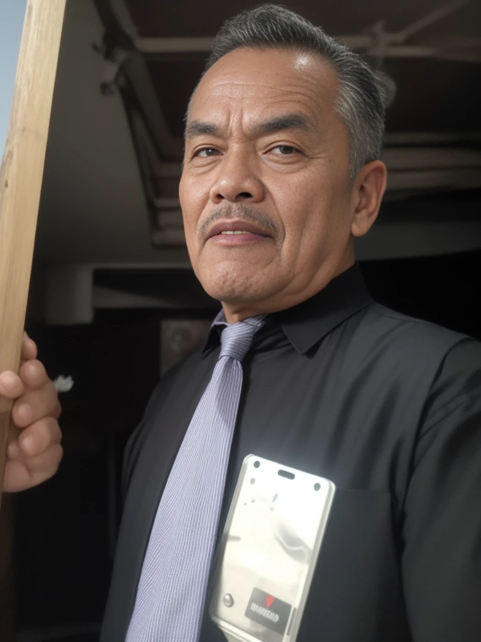 a 70 years old malay man in super mario costume outfit with long rock band hair standing in waste disposal site, night, serious face, nighttime, in pokemon movie style, hyper - realistic photography, dramatic effect, smoke effect in background, dark color grading, full body, 8k, close - up shot, extreme close - up photo