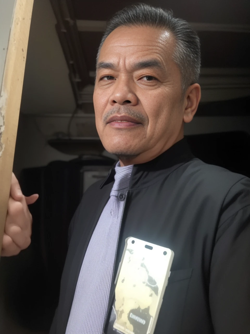 a 70 years old malay man in super mario costume outfit with long rock band hair standing in waste disposal site, night, serious face, nighttime, in pokemon movie style, hyper - realistic photography, dramatic effect, smoke effect in background, dark color grading, full body, 8k, close - up shot, extreme close - up photo