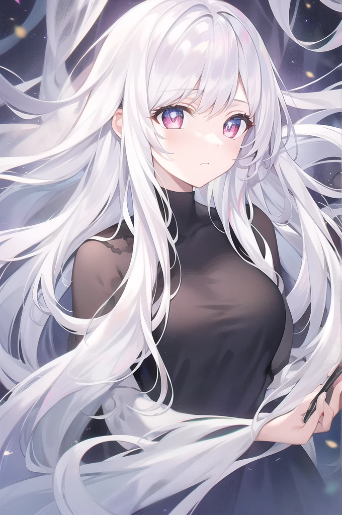 ((masterpiece, best quality))++, Detailed lighting+, Detailed hair+, Detail hand+ ,1 girl, Miss, Long hair, Crimson eyes, beautiful eyes, young white hair,,(Beautiful white hair:1.5),(Beautiful and delicate eyes), high resolution+,glass tint, Reflective eyes, {{angle}} , Very detailed wallpaper, The original, Air bangs,Extremely beautiful CG,black worksuit,Firefly,Galaxy,Shattered like a mirroghting