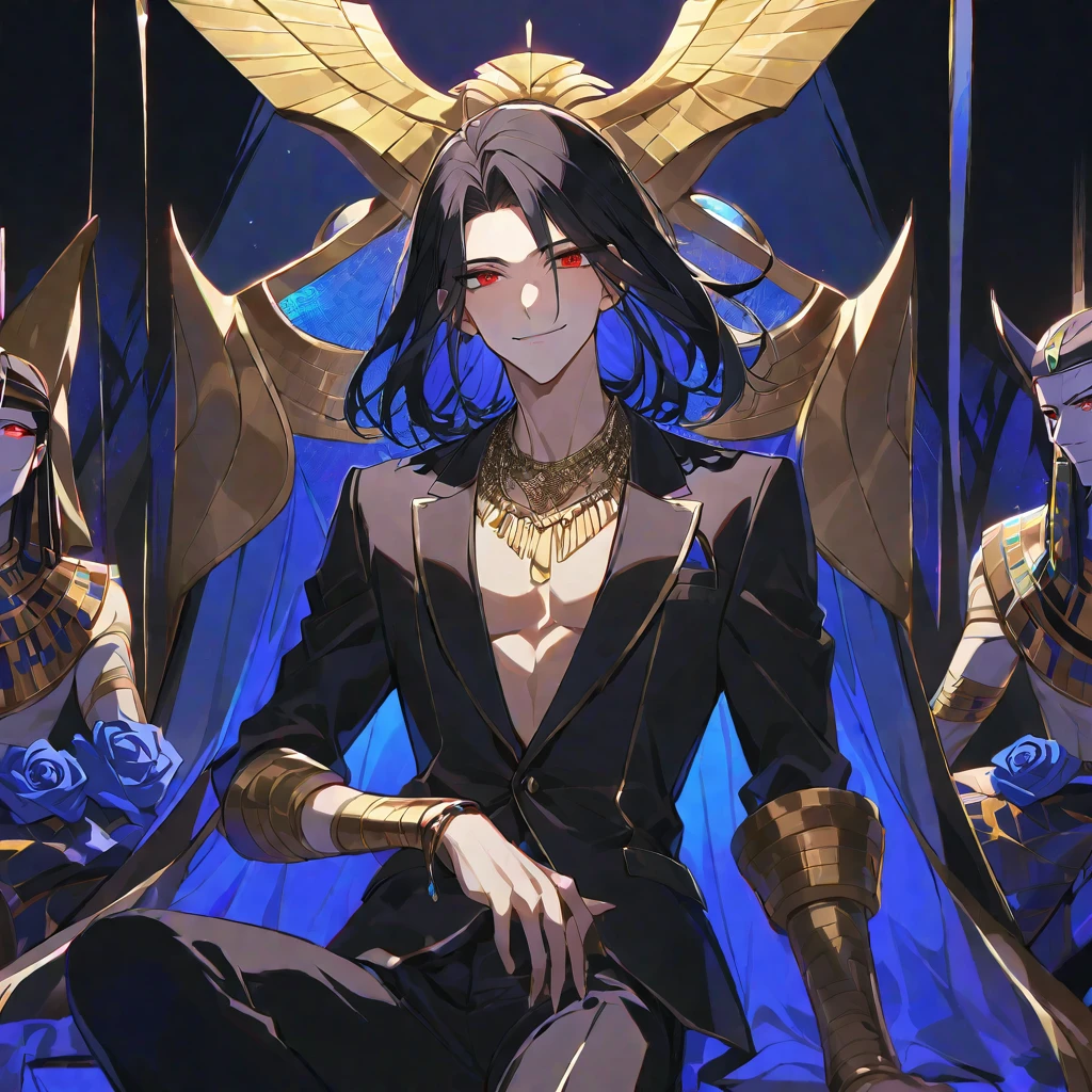 alone,good looking,
1. male,
bangs,Straight hair,Bob Hair,
Black Hair,
Satoru Gojo ,noble,
Red eyes,
beautiful,Sexy,darkness,Gold Necklace,Blue Rose Tattoo,
Black suit ,smile,King of Egypt,Slender,
Black Background ,High resolution, sit,Darkness,devil,Black light,iconSolo, Close-up