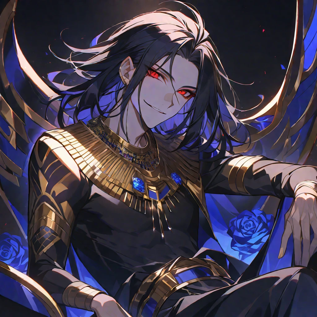 alone,good looking,
1. male,
bangs,Straight hair,Bob Hair,
Black Hair,
Satoru Gojo ,noble,
Red eyes,
beautiful,Sexy,darkness,Gold Necklace,Blue Rose Tattoo,
smile,King of Egypt,Slender,Brown skin,Karassilis,
Black Background ,High resolution, sit,Darkness,devil,Black light,iconSolo, Close-up