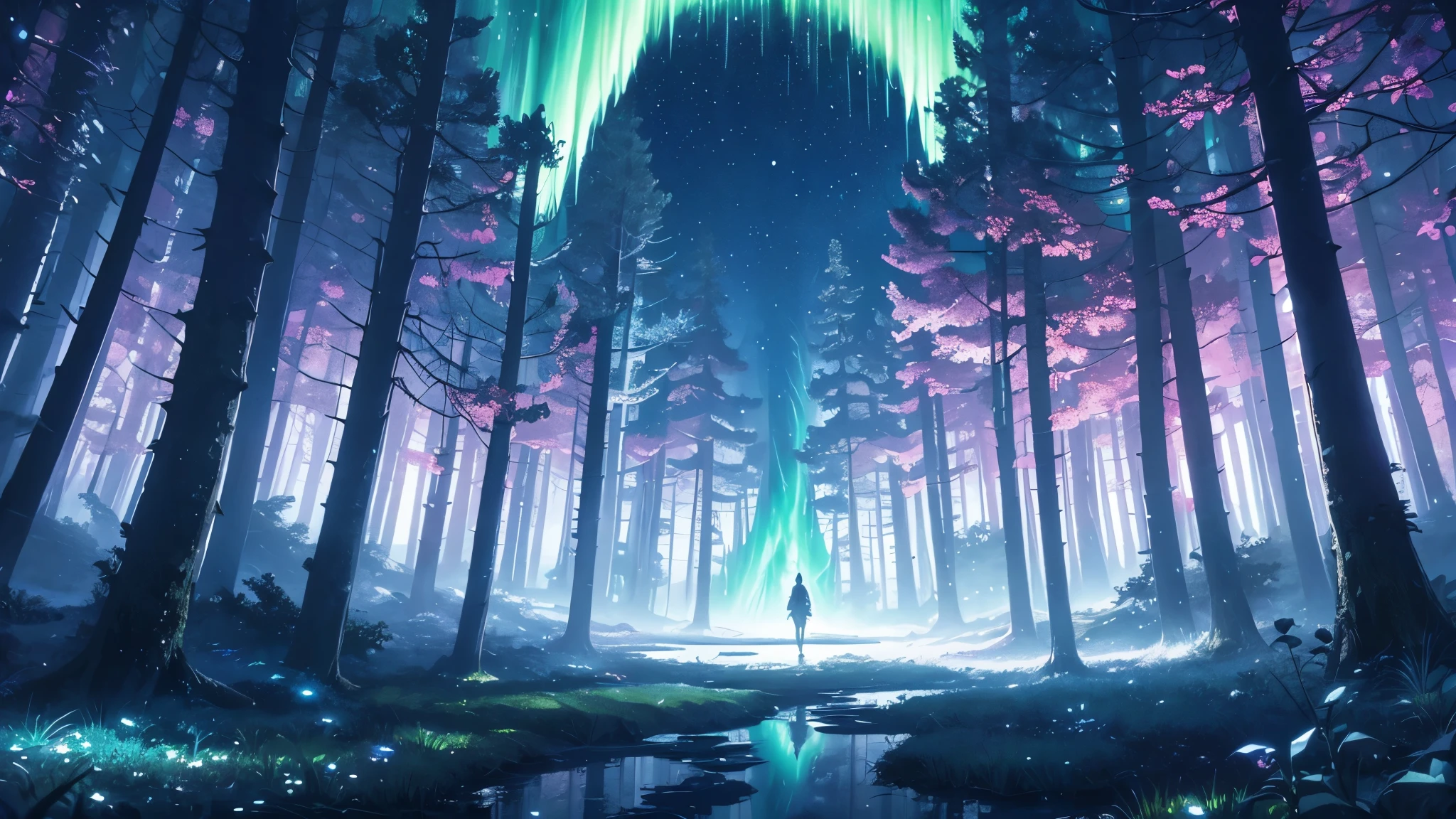 Magic forest in surreal anime style for ambient music cover. Giant trees with twisted trunks and luminescent leaves in pastel tones. A central clearing reveals a crystalline lake reflecting an impossible starry sky, with animated constellations and northern lights. Fantastic creatures like glowing deer and crystal butterflies float across the scene. Smooth and ethereal animation style, reminiscent of the works of Hayao Miyazaki mixed with the surrealism of &#39;Paprika&#39;. Soft and dreamlike color palette: deep blues, soft greens and delicate pinks. The general atmosphere is serene and mystical. Composition that invites the viewer to immerse themselves in this dream world