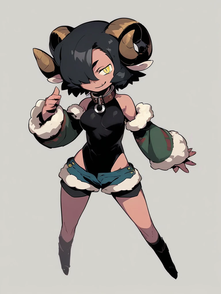 source_anime, white_background, 
1girl, full body,, standing,  short black hair, breasts, hair over one eye, sheep_horns, yellow eyes, slit pupils, metal_collar, naked_shoulders, o_ring, detached sleeves, black leotard, short shorts, fur_trim, smirk