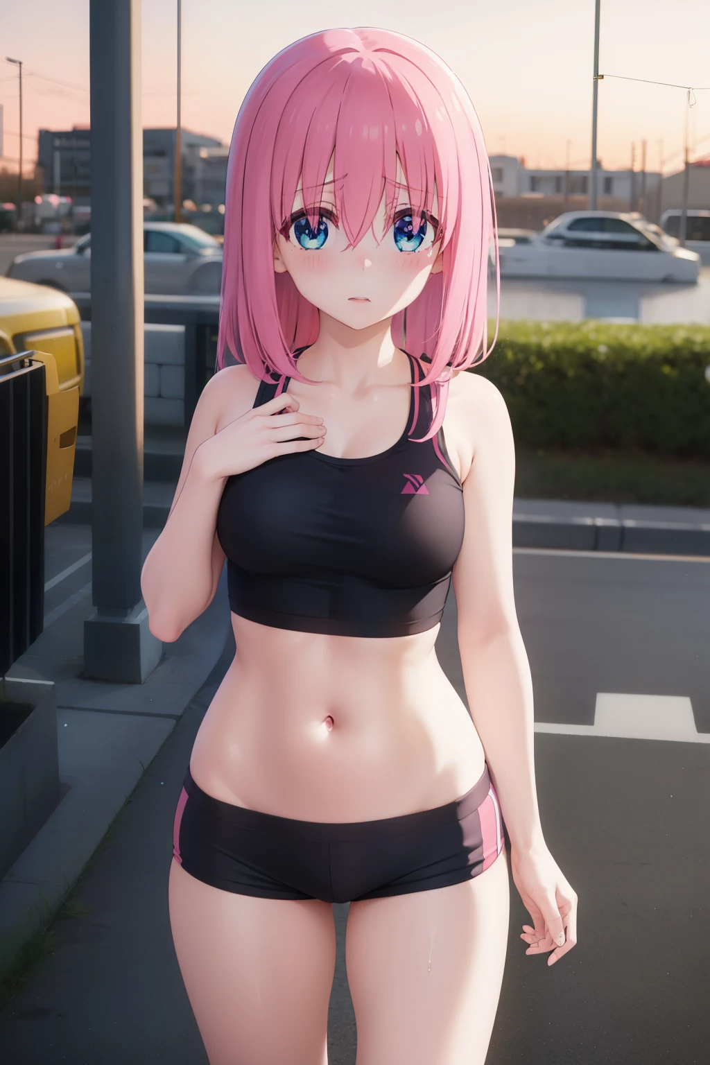 Hitori  gotou ,1girl , anime , masterpiece  , pink color hair , blue eyes , sweat ,  sport  bra , medium  breasts , sexy,  sport shorts  , long socks , shy , blush , sexy  , bodybuilding gym   . Standing 