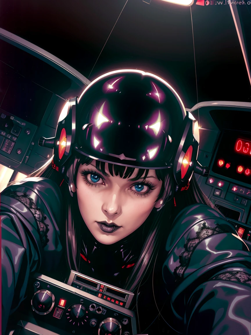 (((gothic vampire piloting) in gothic spacecraft)), (((retro anime))), ((from below)), ((120 fov)), ((((gothic)) control panels)), (((mature))), (((gothic))), (iridescent) bodysuit, ((((lace accessories)))), ((pilot seat)), ((((lying back)) pose)), (((elegant))), (((serious tone))), ((cockpit top control panel)), intricate control panel details, close-up, 1990s (style), masterpiece, ((claustrophobic)), best quality, screens, ((pilot helmet)), night, ((low key light)), (colorful cockpit lights), sparkles, (dramatic lighting), sweat, [blushing], [[pointy ears]], dark background