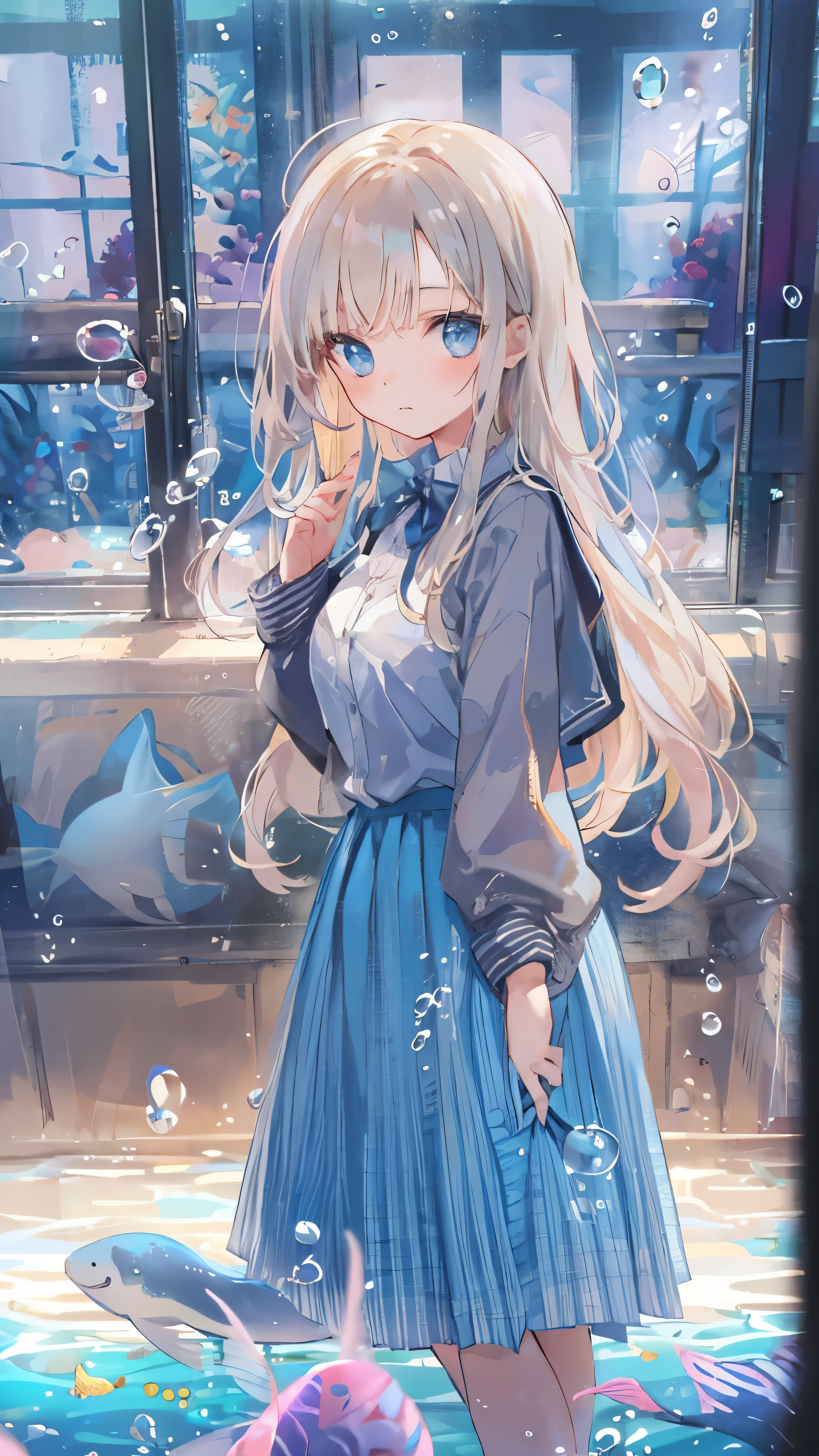 (masterpiece:1.3),(Highest quality:1.2),8k,Confused,ユニティ 8k 壁紙,(Very detailed:1.3),the best,High resolution,wonderful,shape,Beautiful studio soft light,Stunningly beautiful,incredibly Confused,Crisp details,Cinema Lighting,Moody lighting,Pixiv,Award-winning, Professional, Very detailed,Face in perfect detail,18-year-old、
Girl at the classroom against the window 1, alone, Colorful long blonde hair, skirt, Sitting, , Gray Hair, pleated skirt, shoes, Seraphim, fish, bubble, Blue Theme, (Underwater:1.2), (air bubble:1.3), In the classroom, (surreal:1.2), (jellyfish:1.2), (whale:1.1),(fish:1.2),Blurred foreground,Looking Outside