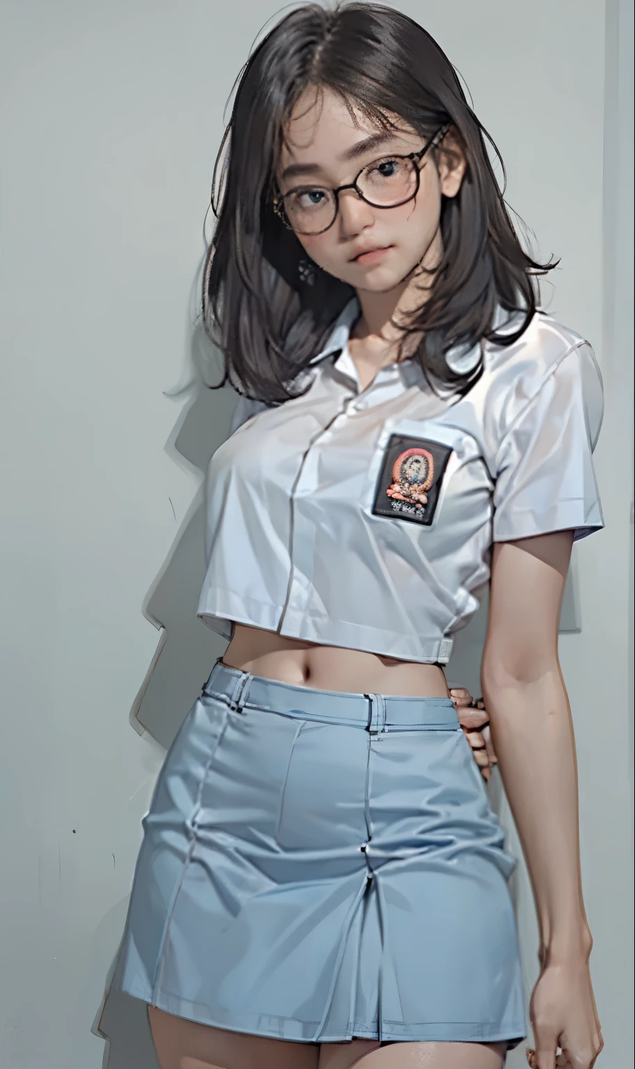 18 years old girl, (((at park))), (transparent white shirt), (wet shirt), (mini skirt), (pastel blue skirt), RAW photo, (photorealistic:1.37, realistic), highly detailed CG unified 8K wallpapers, 1girl, ((slender body:1)), (small breasts:1.3), looking at viewer, ((straight from front)), (HQ skin:1.2), (clean skin:1.2), 8k uhd, dslr, soft lighting, high quality, film grain, Fujifilm XT3, (full body:0.8) , tokyolagii , (bold glasses), full body in, perfect body, two legs, long legs, naval, (wide waist:1.2), (big tigh:1.3), crop top, panties, pelvic, (cleavage:0.4), sad, blushing