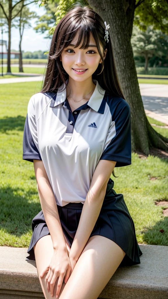 ((best quality)), ((masterpiece)), (details), one girl, sexy ((best quality)), ((masterpiece)), (details), one girl, sexy ((best quality)), ((masterpiece)), (details), one girl, full body, sexy expensive body, expensive, long legs, mature woman, mature, adult, it_nagatoro_main, Hayase Nagatoro, one girl, blushing, alone, uniform polo shirt, short sleeves, black hair,brown eyes, hair accessory, looking at viewer, hair clip, smiling, long hair, dark skinned woman, dark skin, , bangs, daytime, skirt, collared shirt, collarbone, ear clip, mouth closed, tree, asymmetrical bangs, upper body