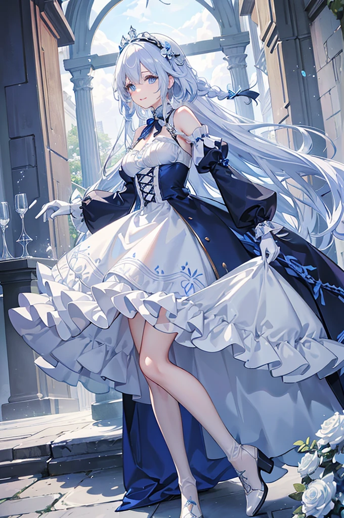 A woman with white hair and blue eyes、adult、Long, fluffy wavy hair、Braiding、Wearing hair ornaments、Smiling、Princess、White gloves、Blue lace dress、ribbon、Decorations such as roses and drops、The dress is short in the front and long in the back、Garter Ring、short boots、Fantasy