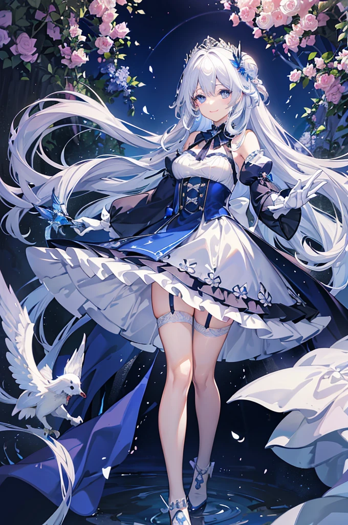 A woman with white hair and blue eyes、adult、Long, fluffy wavy hair、Braiding、Wearing hair ornaments、Smiling、Princess、White gloves、Blue lace dress、ribbon、Decorations such as roses and drops、The dress is short in the front and long in the back、Garter Ring、short boots、Fantasy