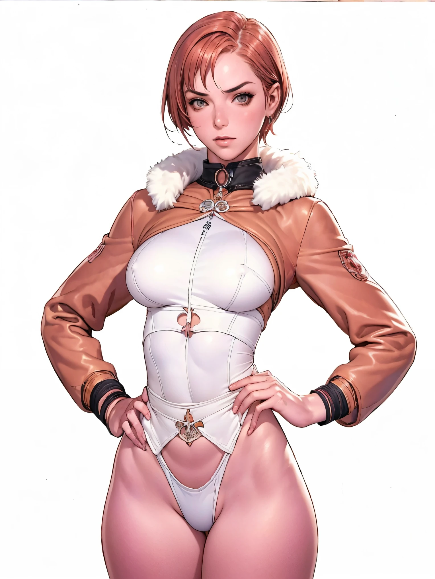 (((Annie Lennox))), (((copper color suit))), (scars), (((bandaged arms))), (((Copper-colored clothes))) ((fur hood)), (((best qualityer: 1.4))), (Unbeatable masterpiece), (hiper HD),(CG 8k hyper-realistic), (((brave face))), (((breasts big))), (((hyper feminine))), sexly girl, black tattoo,(ultra short red hair with white highlights)), ((( sculptural body ))), (((1 Kizi))), Kizi tatuada de 25 anos com perfectbody,,Beautiful and well-groomed face,muscular body:1.2,solid color detailed jacket, (Head to thigh photos), Complex equipment, copper,Tight clothes,With white stars and off-white stripes,,,,,Armor Metal Electronic Parts, Poison tattoos ) INFO, Kizi, (((standing alone))), pirralha violent, ((())), sexly, pose de atitude, work of art, post-apocalypse, (((manga style))), bounty hunter, violent, Manic, the way you want, perfect body, roupa moderna, advanced technology, Pleated mini skirt with checkered pattern in red and black, fur collar jacket, sleeves with vertical striped pattern, neutral background, (( cowboy shot )). intricate visual, narrow waist, (((wide hips))), fit thighs, thigh gap