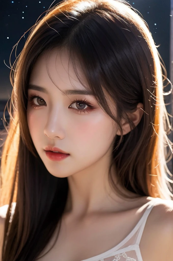 1girl, beautiful face, ((white eyes)), sexy pose, Red moon in the background, stars, space, (lightroom:1.13), soft light, (natural skin texture:1.2), (hyperrealism:1.2), sharp focus, focused,[[realistic]],extremely beautiful,perfect anatomy, full body