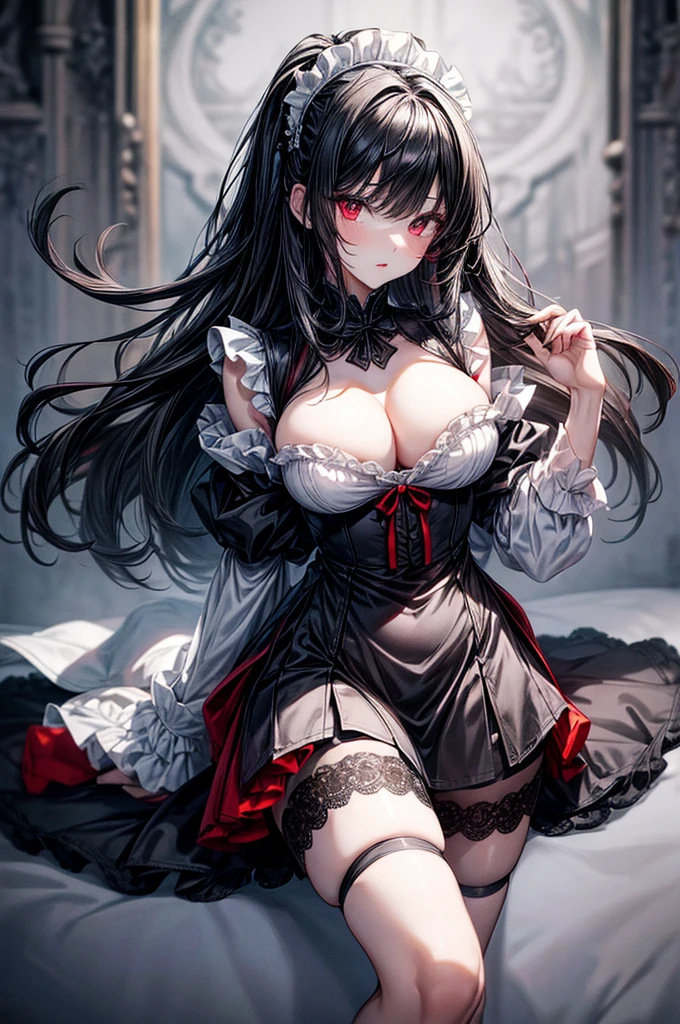 masterpiece, super detailed, precision art, beautiful young woman, 18 years old, waist length straight silky black hair, flawless pale white skin, beautiful blood red eyes, symmetrical face, sexy and beautiful but dangerous and deadly, staring into her eyes is as if you are being marked by a predator, thick and plump blood red lips, slender and athletic body, modest breasts, modest curves, small round ass, tall height(180cm), wearing elegant yet battle ready French maid uniform not showing excessive, thigh-high stockings and detached sleeves, hip level shot