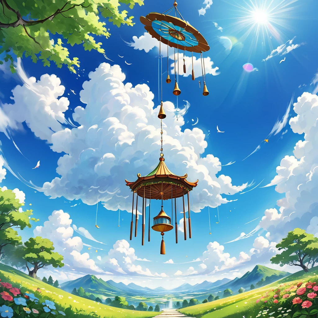 There is a big wind chime hanging from a string in the sky, Lying in the fairyland of white clouds, Wind Chimes, White Cloud Fairyland, sunny summer day, Bright sunny day, White Cloud Fairylandで, bright sunny summer day, bright summer day, On a bright day, Looking up at the sky, Fluffy cloud landscape、The scenery is just wind chimes and clouds