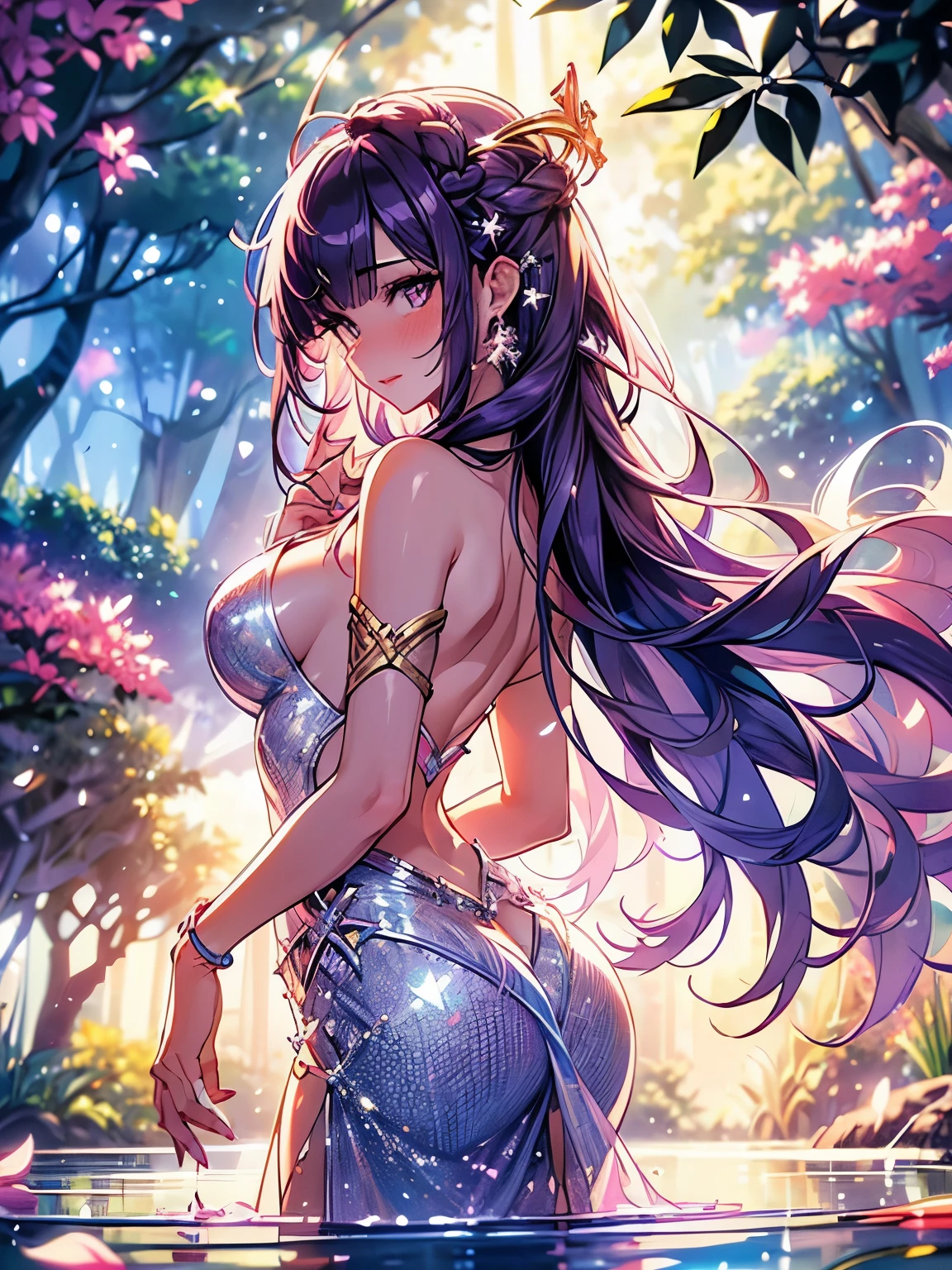  woman, 1girl, (masterpiece, best quality, extremely detailed), sharp focus, detailed face, face focus, extremely detailed eyes, long hair, crown braid, hair over the shoulders, (purple hair: 1.3), purple eyes, (sparkling eyes: 1.2), long eyelashes, (strong blush, drunk: 1.2), delicate makeup, big brnk and white complicated dress, bare shoulders, décolleté)), ((dusk, holding diamond shard, discovery, bamboo shoots background, grass, green particles around, calm lake, cherry blossom background, breeze)), cinematic lighting, edge lightning, ray tracing, shading, dynamic angle, full-length image, walks, mermaid, colorful mermaid tail, beautiful white scales, wears jewelry inspired by seashells, has a bright cyan color and blue striped tail, swims in clear tropical island waters, fantasy theme,
