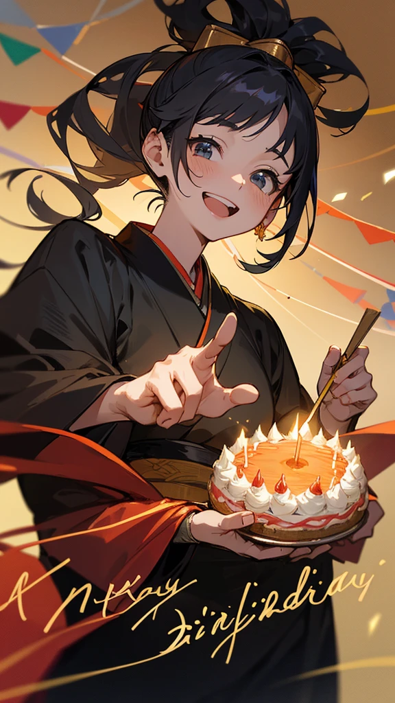 Suguru Geto is in a room illuminated by soft colored lights, decorated with festive garlands and balloons. She wears her signature hairstyle with her hair tied up in a high ponytail.. Her outfit is an elegant black kimono with gold details., highlighting his imposing presence. In the center of the main table, There is a birthday cake decorated with lit candles that form the number 25. Around it, friends and colleagues celebrate with enthusiasm, toasting and smiling. Geto holds a glass in one hand, while with the other he makes a friendly gesture, thanking everyone for being there. In the background, You can see several gifts wrapped in colorful papers and a banner that says "Happy Birthday, May!". The atmosphere is happy and festive, with laughter and conversations filling the air.