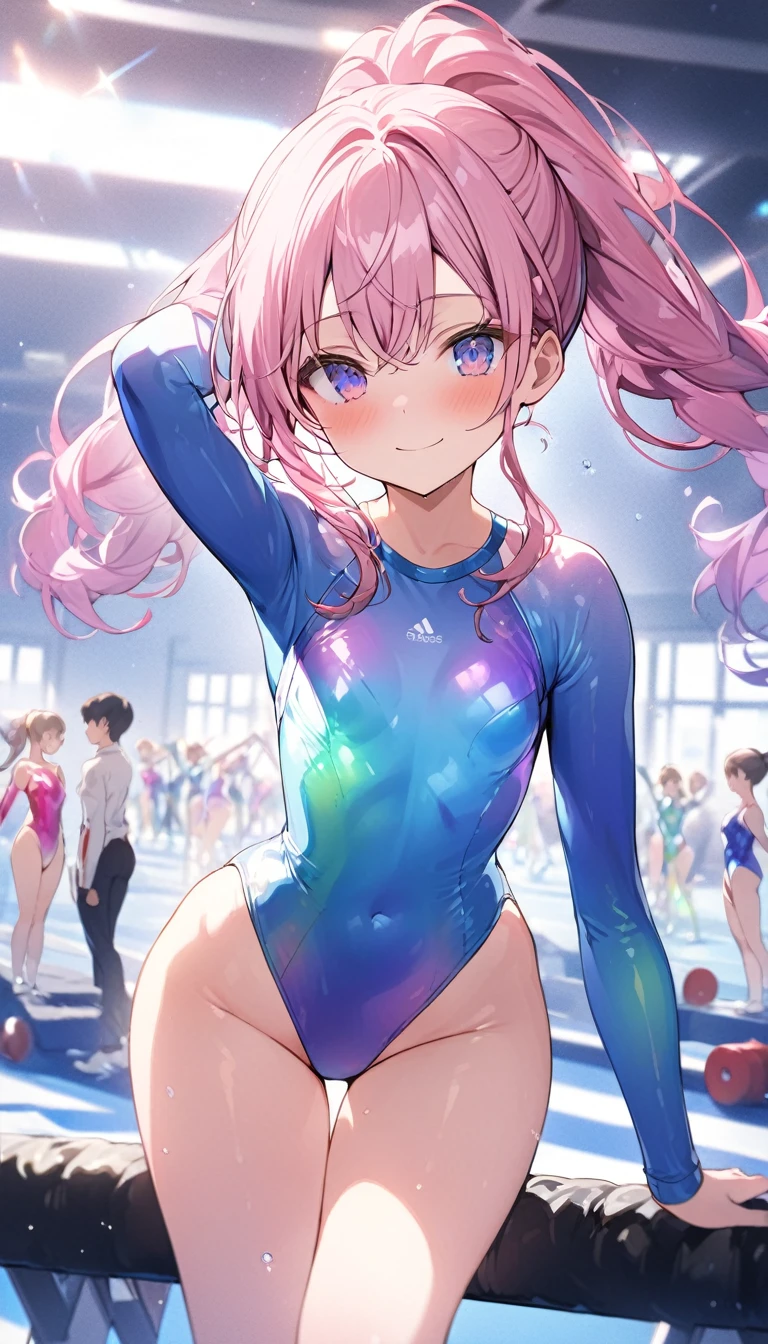 highquality illustration, masterpiece, very delicate and beautiful, attractive girl,(gymnastics leotard,long sleeve leotard with glittery decoration,high_leg leotard,athletic leotard,tight-fit leotard,iridescent gradient leotard,long-sleeve leotard),thin,slender body,slim,high school,gymnasium background,gymnastics club,gymnastics athlete,princess, beautiful eyes,light smile,(masterpiece, best quality:1.2), highres, extremely detailed CG unity 8k wallpaper, perfect lighting, Colourful, ultra-high res,4K,ultra-detailed, photography, 8K, HDR, 17 ages,cowboy shot,