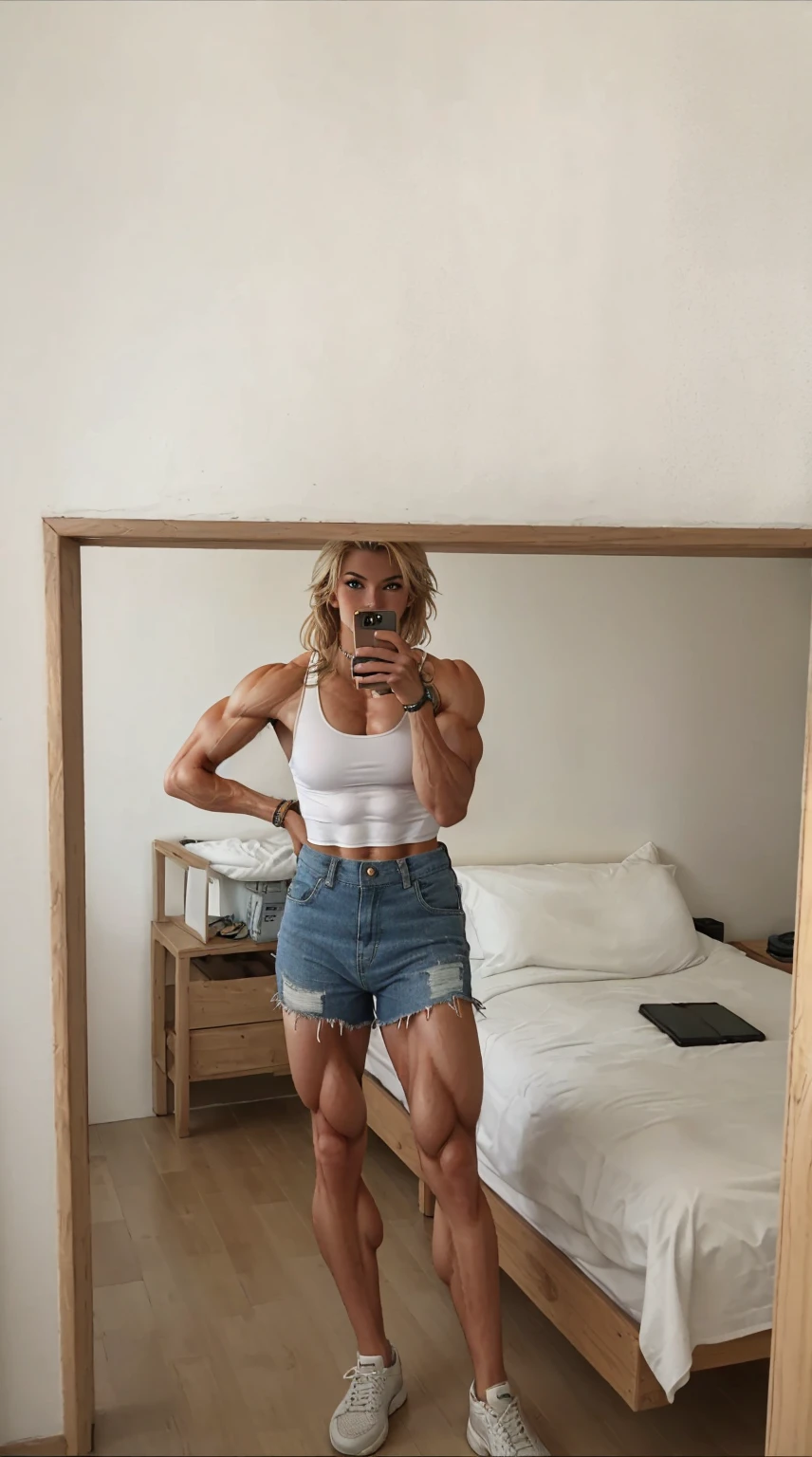 Ripped, sixpack abs, Big biceps, smile, Nice, breath-taking, Ripped defined biceps, muscular arms, muscular forearms, muscular abdominal muscles, pecs, blonde age girl, massive muscular legs, Femininer Look, sweet girl face, Sports good, Nice, High details, realisti, teengirl, 16 year old sporty muscular girl in sportswear, golden tan