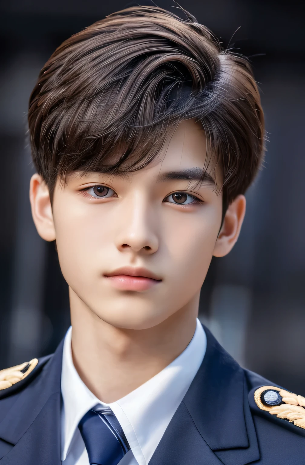Highest quality, masterpiece, Ultra-high resolution, (Realistic: 1.4), Original photo, wallpaper, Head Photo, skin, Simple Background, Iris, detailed, Selfie, 1 boy, 18-year-old, good looking, Wind,uniform