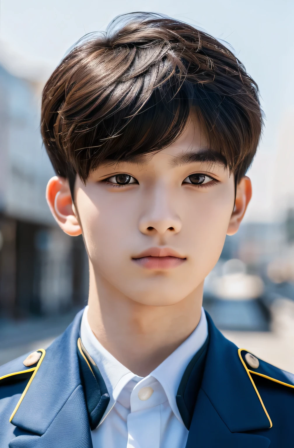 Highest quality, masterpiece, Ultra-high resolution, (Realistic: 1.4), Original photo, wallpaper, Head Photo, skin, Simple Background, Iris, detailed, Selfie, 1 boy, 18-year-old, good looking, Wind,uniform