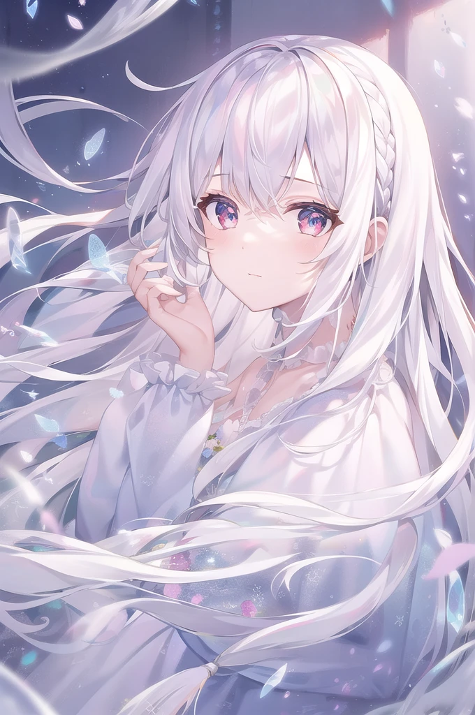 ((masterpiece, best quality))++, Detailed lighting+,  Detailed hair+, Detail hand+ ,1 girl, Miss, Long hair,   Crimson eyes,  beautiful eyes, young white hair,,(Beautiful white hair:1.5),(Beautiful and delicate eyes),  high resolution+,glass tint, Reflective eyes,   {{angle}} , Very detailed wallpaper, The original, Air bangs，Extremely beautiful CG，black worksuit，Firefly，Galaxy，Shattered like a mirroghting