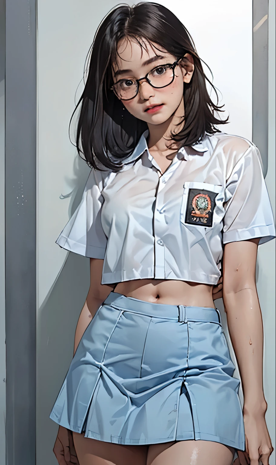 18 years old girl, (((at park))), (transparent white shirt), (wet shirt), (mini skirt), (pastel blue skirt), RAW photo, (photorealistic:1.37, realistic), highly detailed CG unified 8K wallpapers, 1girl, ((slender body:1)), (small breasts:1.3), looking at viewer, ((straight from front)), (HQ skin:1.2), (clean skin:1.2), 8k uhd, dslr, soft lighting, high quality, film grain, Fujifilm XT3, (full body:0.8) , tokyolagii , (bold glasses), full body in, perfect body, two legs, long legs, naval, (wide waist:1.2), (big tigh:1.3), crop top, panties, pelvic, (cleavage:0.7), sad, blushing