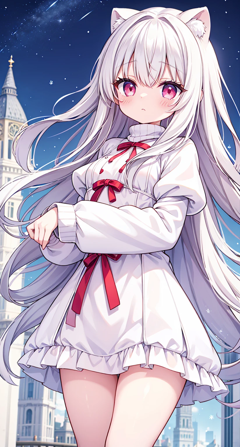 1 young girl、Messy straight hair、Transparent pure white hair、Crimson eyes that shine like rubies、White high neck knit for girls、Wearing a light brown coat、Very small small breasts、Beautiful slim legs、A very cute little girl who is scared、Snowy London cityscape at night、pale🌙、Very cute 、Knitwear that covers the thighs、Very small and barely noticeable、She was wearing a very large, thick, pure white knit that completely covered her entire body, and it was so loose that even her hands were covered.