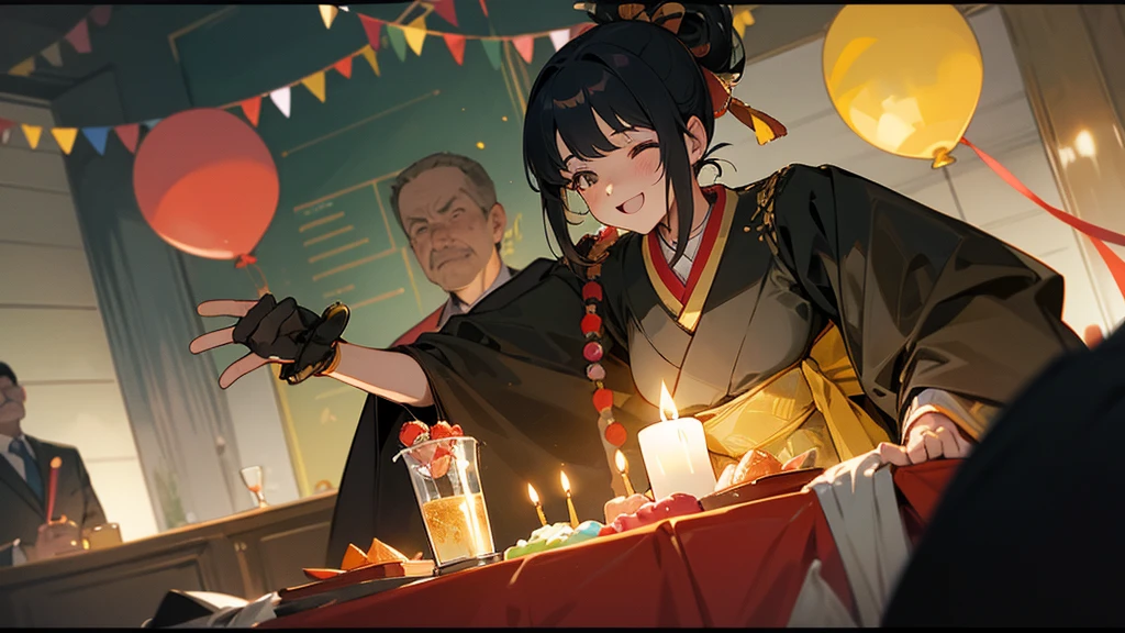 Suguru Geto is in a room illuminated by soft colored lights, decorated with festive garlands and balloons. She wears her signature hairstyle with her hair tied up in a high ponytail.. Her outfit is an elegant black kimono with gold details., highlighting his imposing presence. In the center of the main table, There is a birthday cake decorated with lit candles that form the number 25. Around it, friends and colleagues celebrate with enthusiasm, toasting and smiling. Geto holds a glass in one hand, while with the other he makes a friendly gesture, thanking everyone for being there. In the background, You can see several gifts wrapped in colorful papers and a banner that says "Happy Birthday, May!". The atmosphere is happy and festive, with laughter and conversations filling the air.