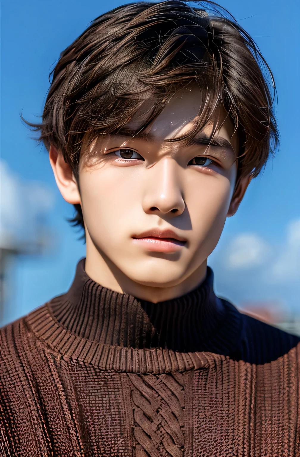 Highest quality, masterpiece, Ultra-high resolution, (Realistic: 1.4), Original photo, wallpaper, Head Photo, skin, Simple Background, Iris, detailed, Selfie, 1 boy, 18-year-old, good looking, Wind,sweater