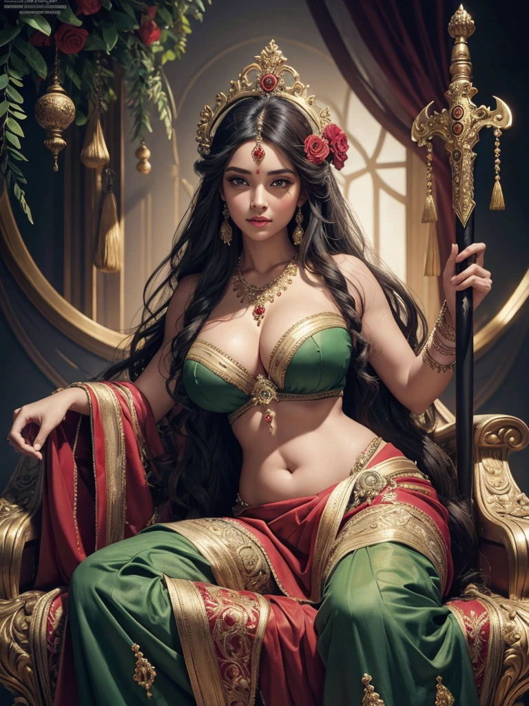 1girl, green skin tone, beautiful detailed eyes, beautiful detailed lips, extremely detailed eyes and face, long eyelashes, intricate detailed goddess, highly detailed, masterpiece, best quality, hyperrealistic, 8k, ultra-detailed, extremely realistic, photorealistic, extreme detailed, sharp focus, physically-based rendering, professional, vivid colors, studio lighting, oil painting, baroque style, by Peter Paul Rubens, acrylic on canvas, curvy goddess, full figure, detailed large breasts, detailed cinched waist, long flowing hair, serene expression, intoxicated eyes, garland of kadamba flowers, various ornaments, perspiring around face, three horizontal folds of skin below navel, vertical line of hair reaching her belly button, seated on a throne, wearing detailed red saree fully covered, holding skull in left hand and sword in right hand