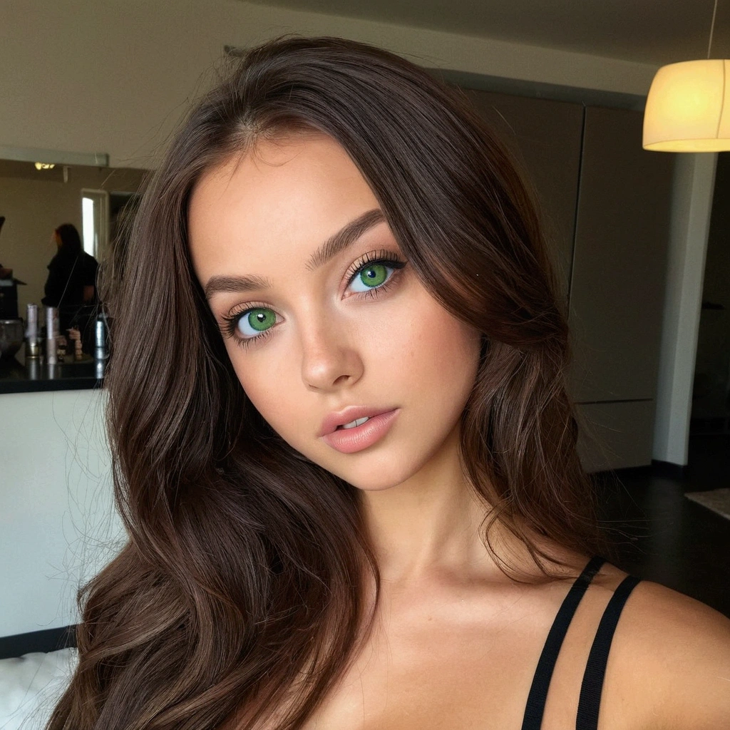 femme dans son salon sur son canapé prenant une pose sexy , Fille sexy aux yeux verts, sophie mudd, cheveux bruns et grands yeux, selfie une jeune femme, stunning tout le corps shot, yeux verts perçants, bel angle, pose attrayante, jolie fille, pose sexy, tout le corps picture, tout le corps, tout le corps shoot, déesse brune, Détails élevés, Pose satisfaite ultra réaliste