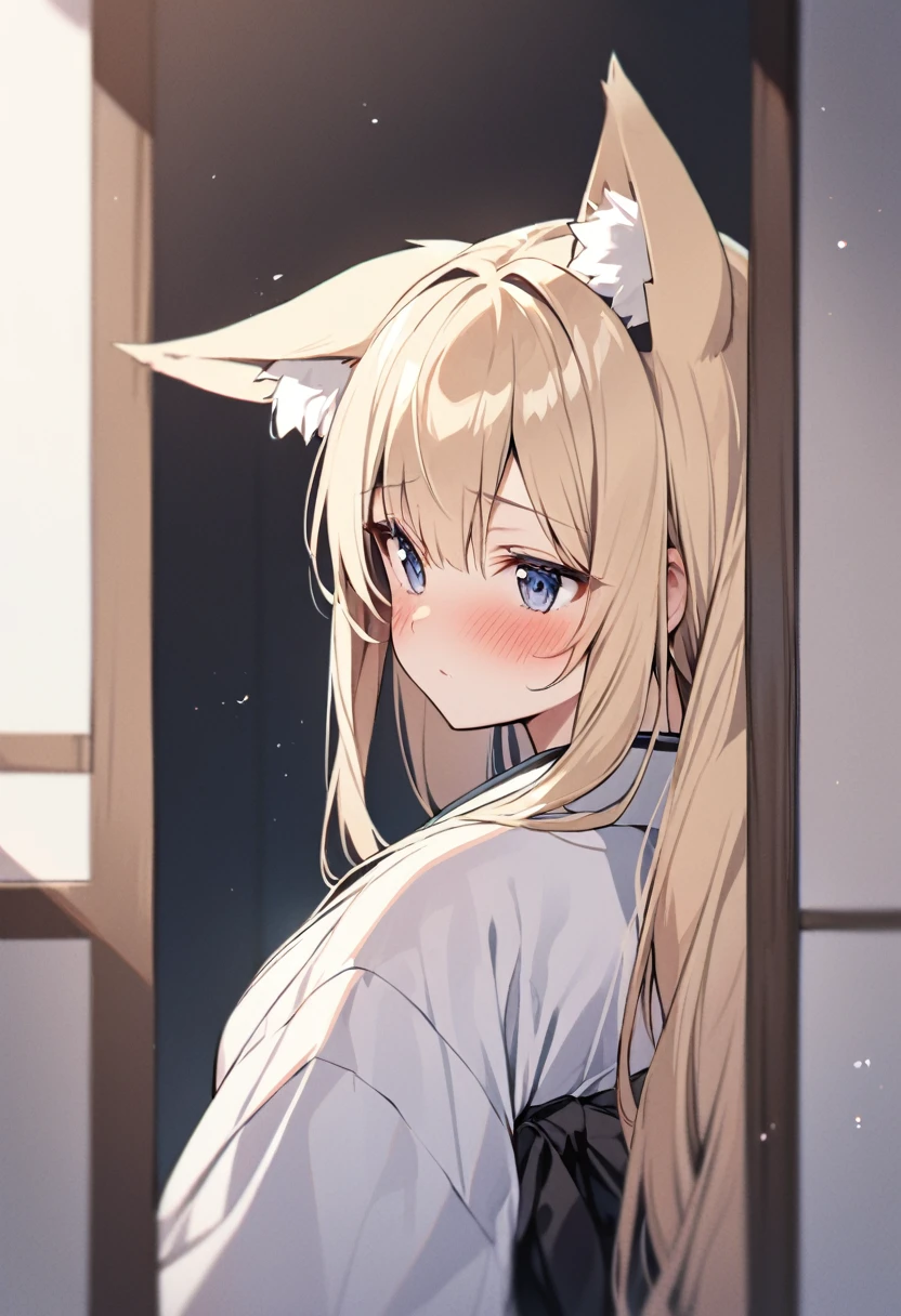 One girl, correct, Animal ears, Blonde, Fox Ears, Long Hair, blush, alone, kimono, Maid&#39;s Headdress, Yellow Eyes, White Background, Hair between the eyes, Young Girl,[[[Realistic]]],Lips parted,Shiny,Shiny skin,fox-hirume,An unparalleled masterpiece,Intricate details, One girl,キツネのYoung Girl,Fox Ears,Blonde,narrow,correct,kimono,kimono,Shrine maiden,Ofuda, (Very small breasts:1.2), ,Multiple tails,Yellow Eyes, night