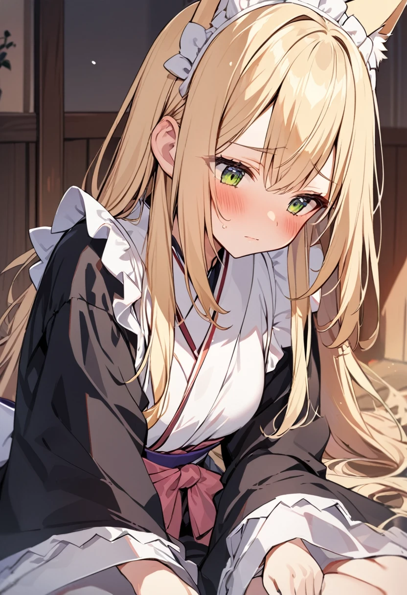 One girl, correct, Animal ears, Blonde, Fox Ears, Long Hair, blush, alone, kimono, Maid&#39;s Headdress, Yellow Eyes, White Background, Hair between the eyes, Young Girl,[[[Realistic]]],Lips parted,Shiny,Shiny skin,fox-hirume,An unparalleled masterpiece,Intricate details, One girl,キツネのYoung Girl,Fox Ears,Blonde,narrow,correct,kimono,kimono,Shrine maiden,Ofuda, (Very small breasts:1.2), ,Multiple tails,Yellow Eyes, night