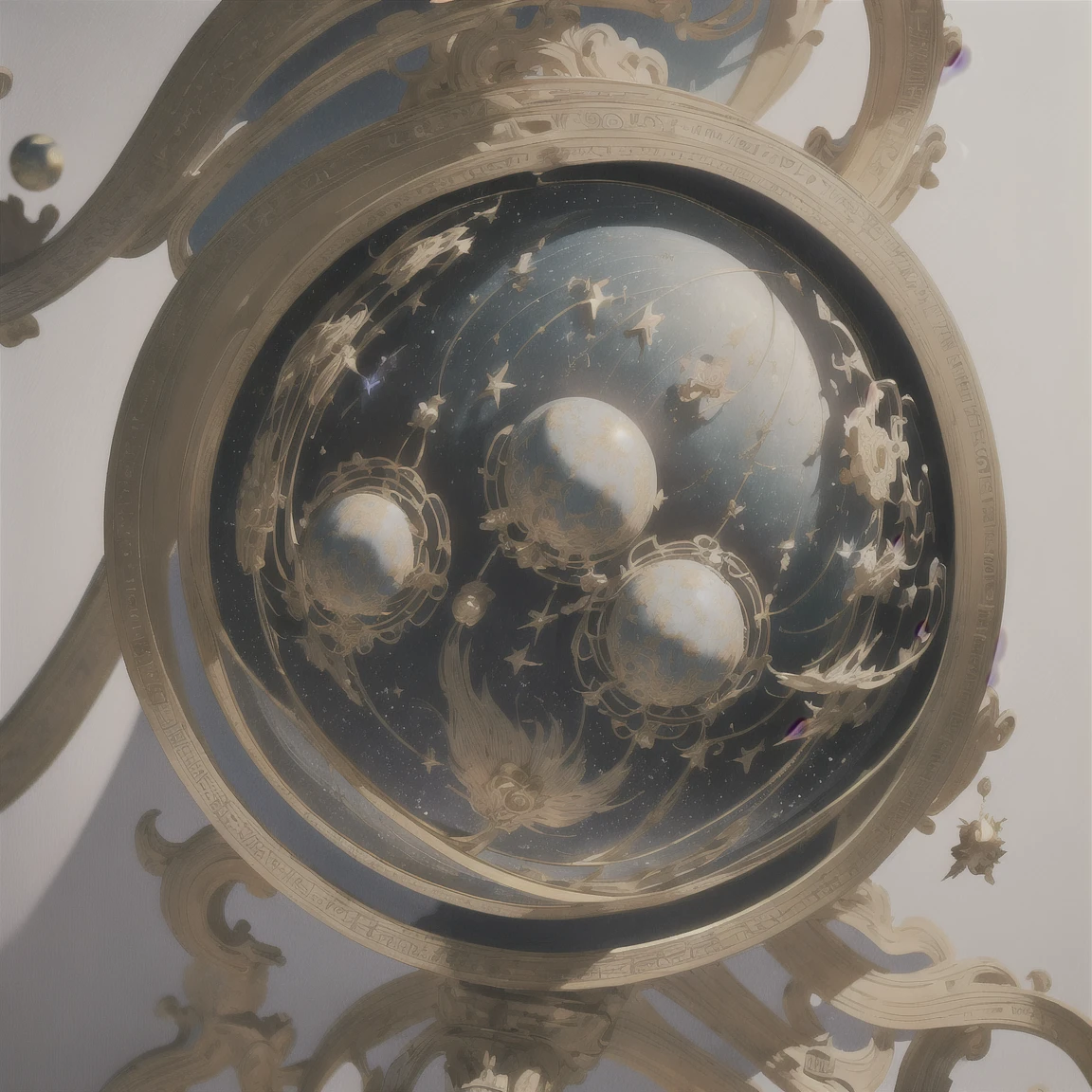 (best quality,4k,8k,highres,masterpiece:1.2),ultra-detailed,(realistic,photorealistic),A mysterious celestial globe,celestial globe,planetarium,mysterious,celestial,ancient,stars,planets,secrets of the universe,astronomer's tool,elaborate design,ornate engravings,metallic shine,intricate details,mystical symbols,golden accents,star charts,alignment of celestial bodies,cosmic knowledge,ethereal glow,esoteric craftsmanship,divination,,