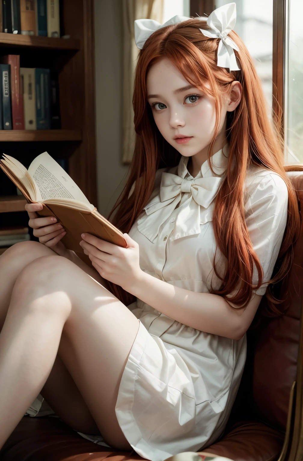 Make a girl with long red hair, wearing a white bow, yellow  eyes, white closed clothing covering the entire body, reading a book sitting