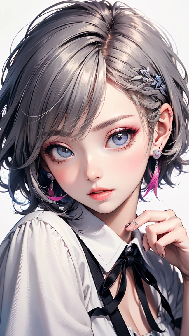 (highest quality, masterpiece), One girl, beautiful girl, Brown_eye, ((hair color [Silver hair], [Pixie cut with front hair] hair)), Earrings, lips, Short sleeve,Realistic, Tight waist, Charm, Colorful Makeup, Long eyelashes, Fair skin, (cute), (Detailed face), Detailed eye, Detailed iris, 