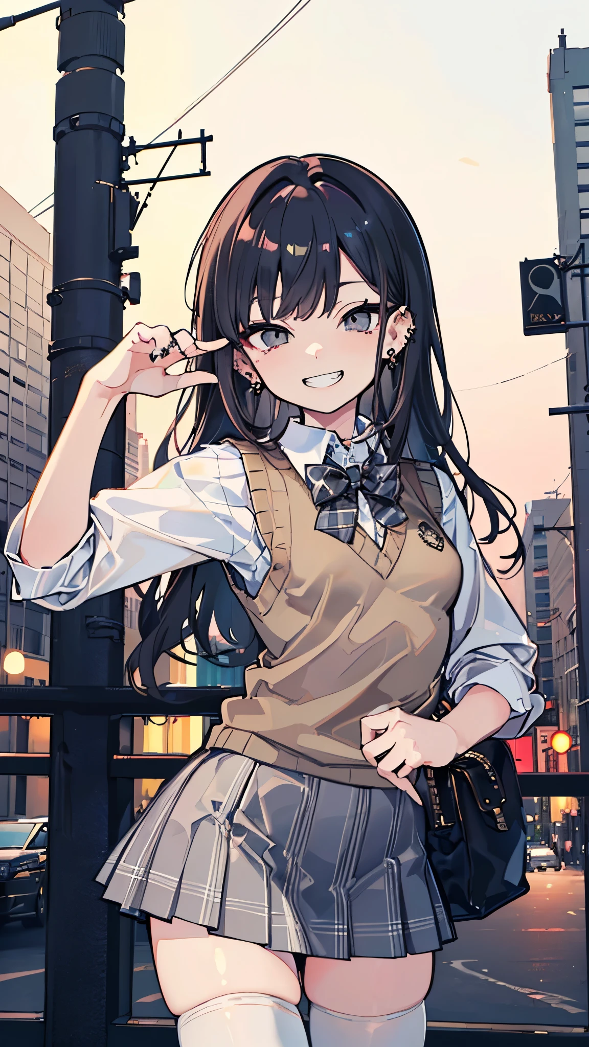 masterpiece、Highest quality、Very detailed))、One girl、Black Hair、Black Hair、Long Hair、Grey Eyes、evil smile、((Grin))、((lots of piercings))、((Small breasts))、((White collared shirt))、((A bow tie))、((gray sweater vest))、((gray plaid skirt))、((micro kirt lift))、((white panties))、Cowboy Shot、Looking down、Shoot from below、Downtown background