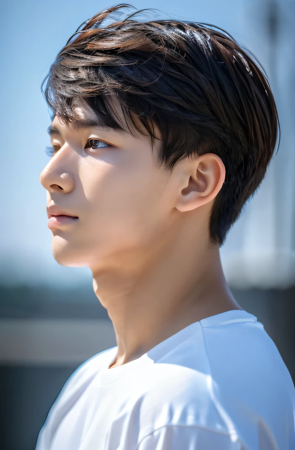 Highest quality, masterpiece, Ultra-high resolution, (Realistic: 1.4), Original photo, wallpaper, Head Photo, skin, Simple Background, Iris, detailed, Selfie, 1 boy, 18-year-old, good looking, Wind,sweat