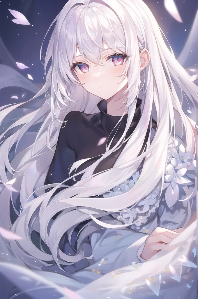 ((masterpiece, best quality))++, Detailed lighting+, Detailed hair+, Detail hand+ ,1 girl, Miss, Long hair, Crimson eyes, beautiful eyes, young white hair,,(Beautiful white hair:1.5),(Beautiful and delicate eyes), high resolution+,glass tint, Reflective eyes, {{angle}} , Very detailed wallpaper, The original, Air bangs,Extremely beautiful CG,black worksuit,Firefly,Galaxy,Shattered like a mirroghting