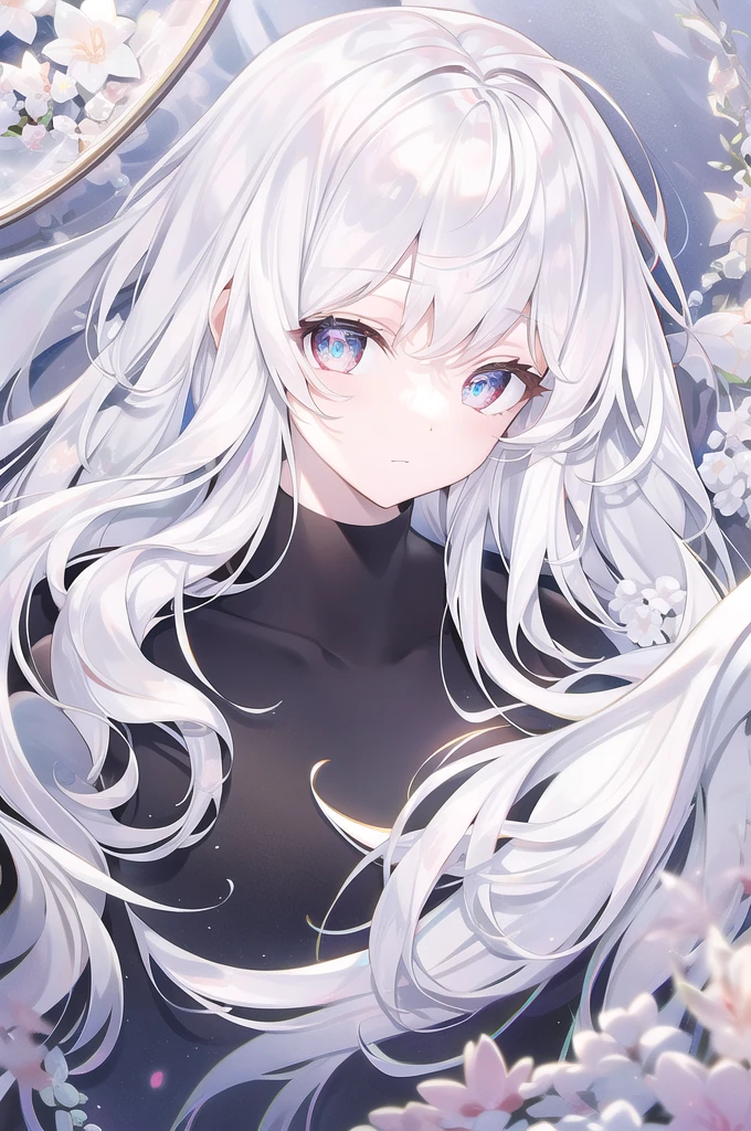 ((masterpiece, best quality))++, Detailed lighting+,  Detailed hair+, Detail hand+ ,1 girl, Miss, Long hair,   Crimson eyes,  beautiful eyes, young white hair,,(Beautiful white hair:1.5),(Beautiful and delicate eyes),  high resolution+,glass tint, Reflective eyes,   {{angle}} , Very detailed wallpaper, The original, Air bangs，Extremely beautiful CG，black worksuit，Firefly，Galaxy，Shattered like a mirroghting