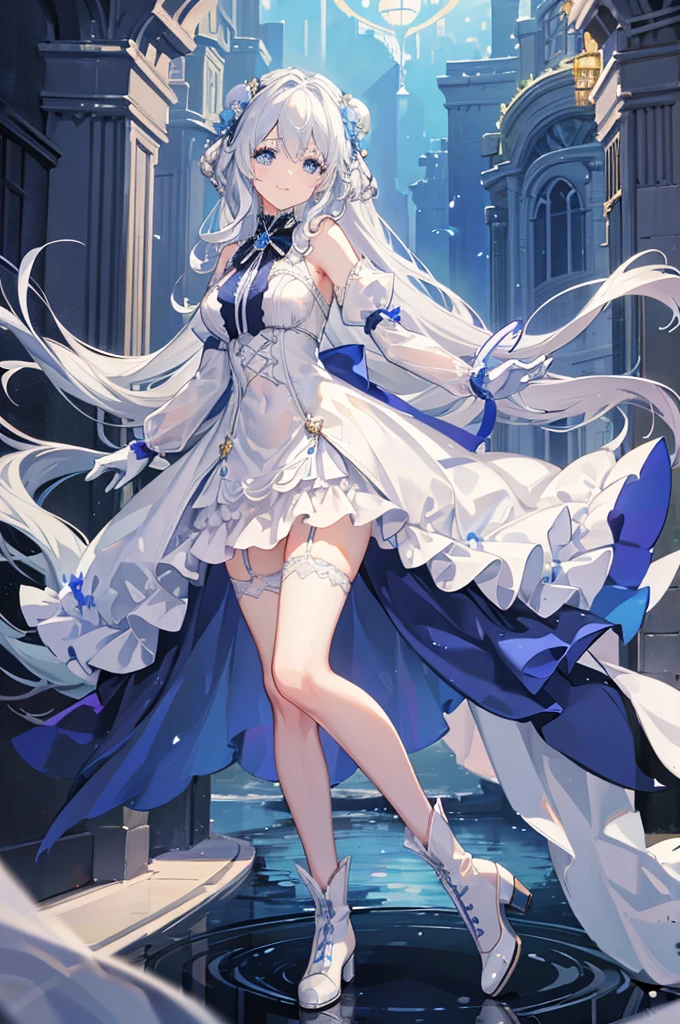 A woman with white hair and blue eyes、adult、Long, fluffy wavy hair、Braiding、Wearing hair ornaments、Smiling、Princess、White gloves、Blue sheer dress、See-through、race、ribbon、Decorations such as roses and drops、The dress is short in the front and long in the back、Garter Ring、short boots、Fantasy